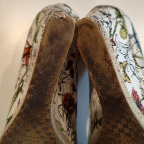 Gucci Authentic Charlotte Floral Wedges Horsebit Hardware Peep Toe 37.5 - Picture 8 of 16